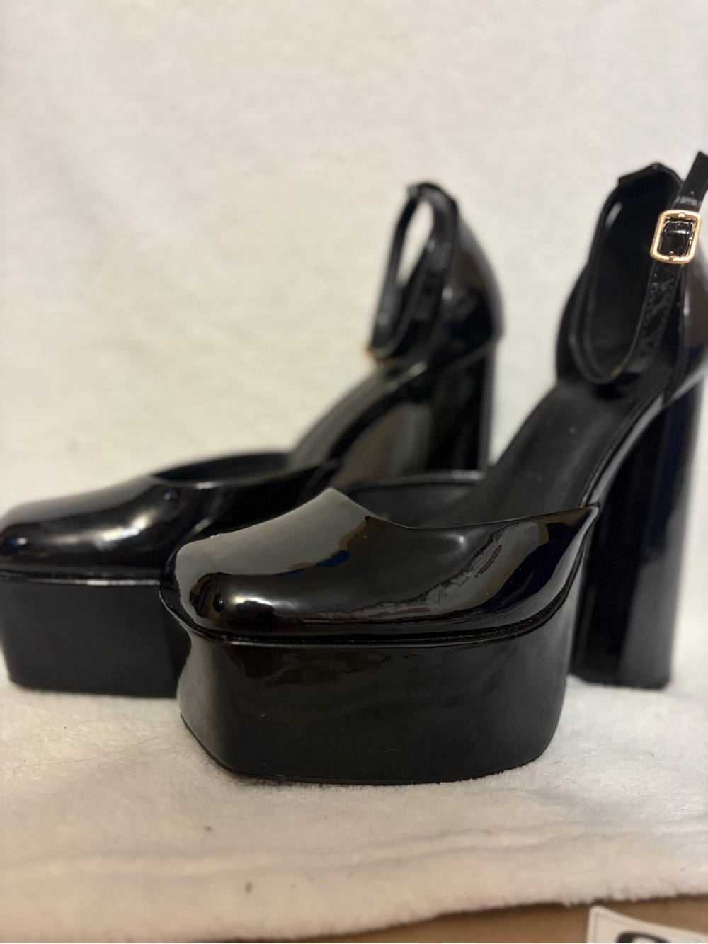 PrettyLittleThing Black Patent Platform Ankle-Strap Heels